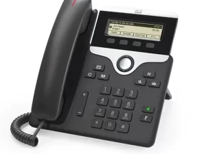 Cisco CP-7811-K9 VoIP desk phone with a 1-line LCD display, compact design, and Power over Ethernet (PoE) support. Ideal for office use and efficient communication.