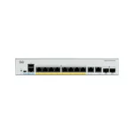 Cisco C1000-8P-2G-L switch with 8 PoE+ ports, 2 SFP/RJ-45 combo uplinks, fanless design, and compact dimensions, perfect for small business networks.