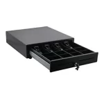 Standard POS Cash Drawer with 410mm width, 5 note slots, 8 coin compartments, and RJ11 interface for secure cash management in retail and point of sale systems.