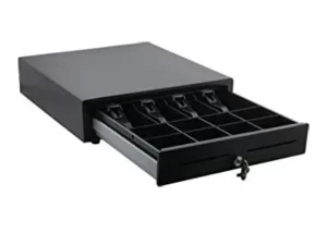 Standard POS Cash Drawer with 410mm width, 5 note slots, 8 coin compartments, and RJ11 interface for secure cash management in retail and point of sale systems.