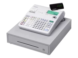 Durable Electronic Cash Register for small businesses with 24 departments, 999 PLUs, 8-digit displays, and a built-in thermal receipt printer for efficient POS operations.