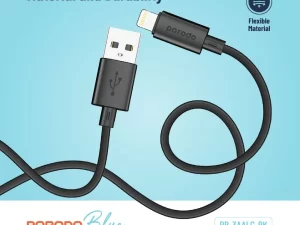 Porodo 3A USB A to Lightning Cable (1.2M, Black) – Durable PVC cable designed for fast charging and reliable data transfer for iPhones.